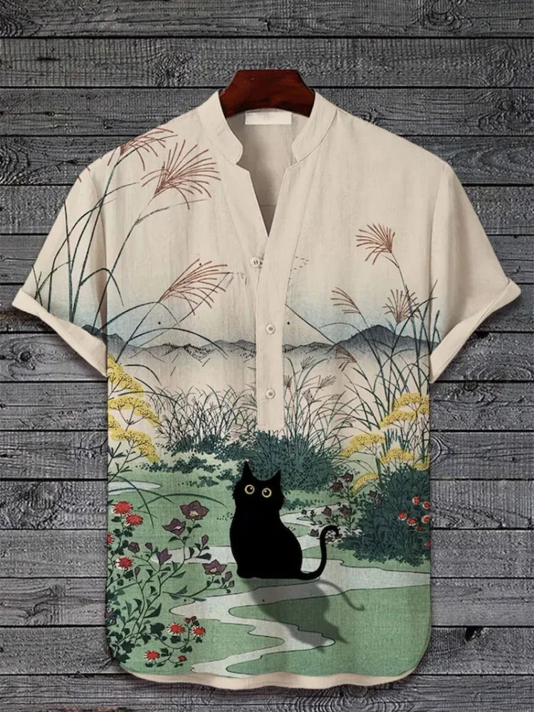 2025 New men's Linen short-sleeved Shirt Fashion Casual Printed Tops European And American Popular Style men's Clothing