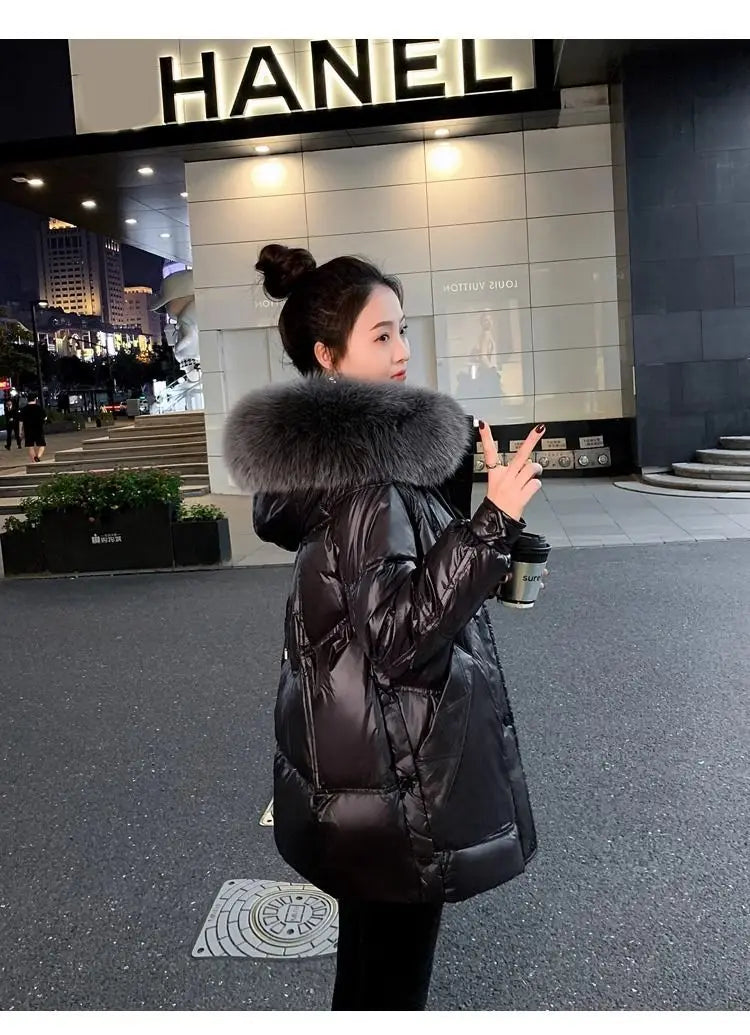 Black Down cotton Jacket Women's 2025 New Korean version Thick fur collar Loose Wash free Winter Coat Female Warm Parka Overcoat