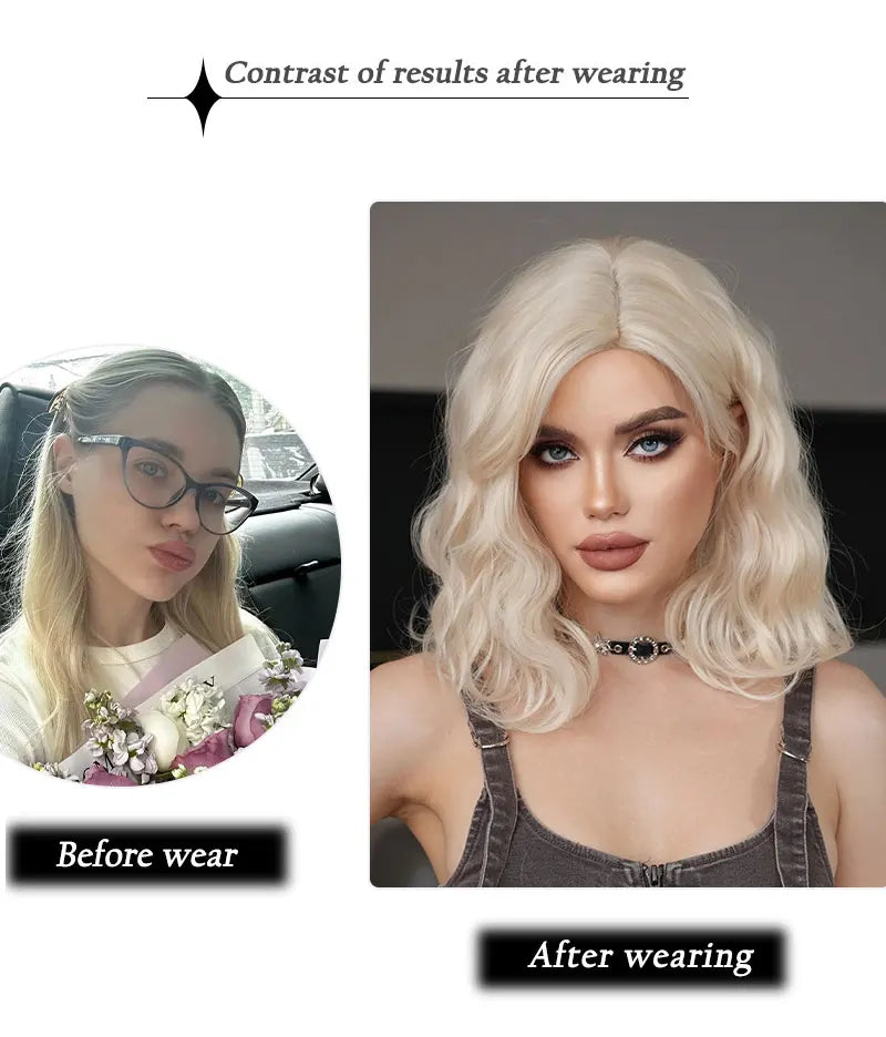 NAMM High Density Synthetic Middle Part Blonde White Wig For Women Daily Short Wavy Bob Wigs With Curtain Bangs Glueless Wig