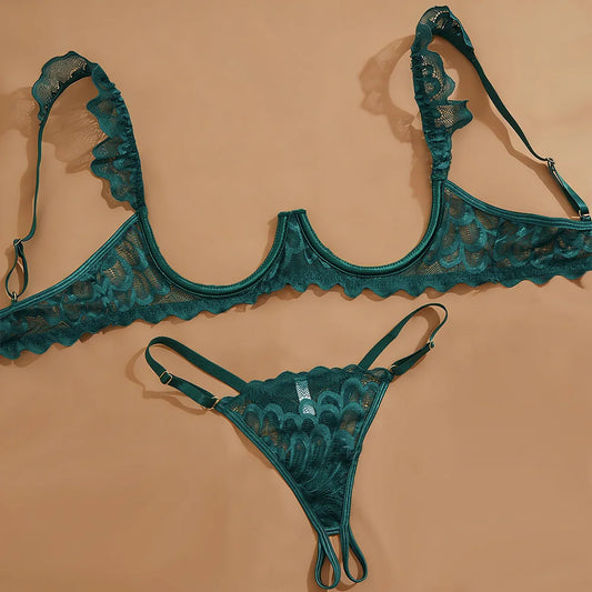 Toucheart 2 Piece Set Sexy Interesting Underwear Set for Women Solid Color Lace Mesh See-through Bra Exotic Sexy Lingerie Set