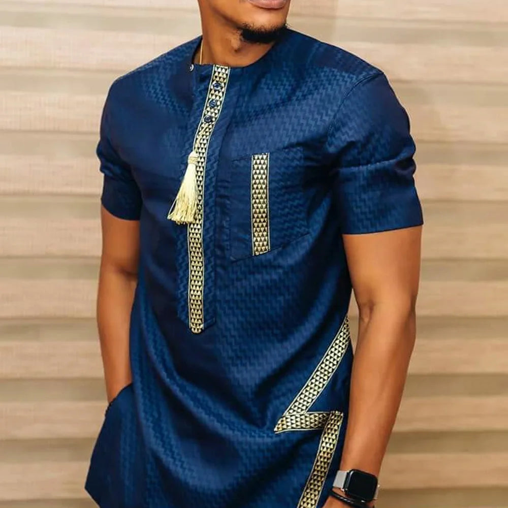 Ethnic Style African Tribal Men Shirts Round Neck Long Sleeve Business Casual Slim Blouses Comfy Traditional Long Tops Gentleman