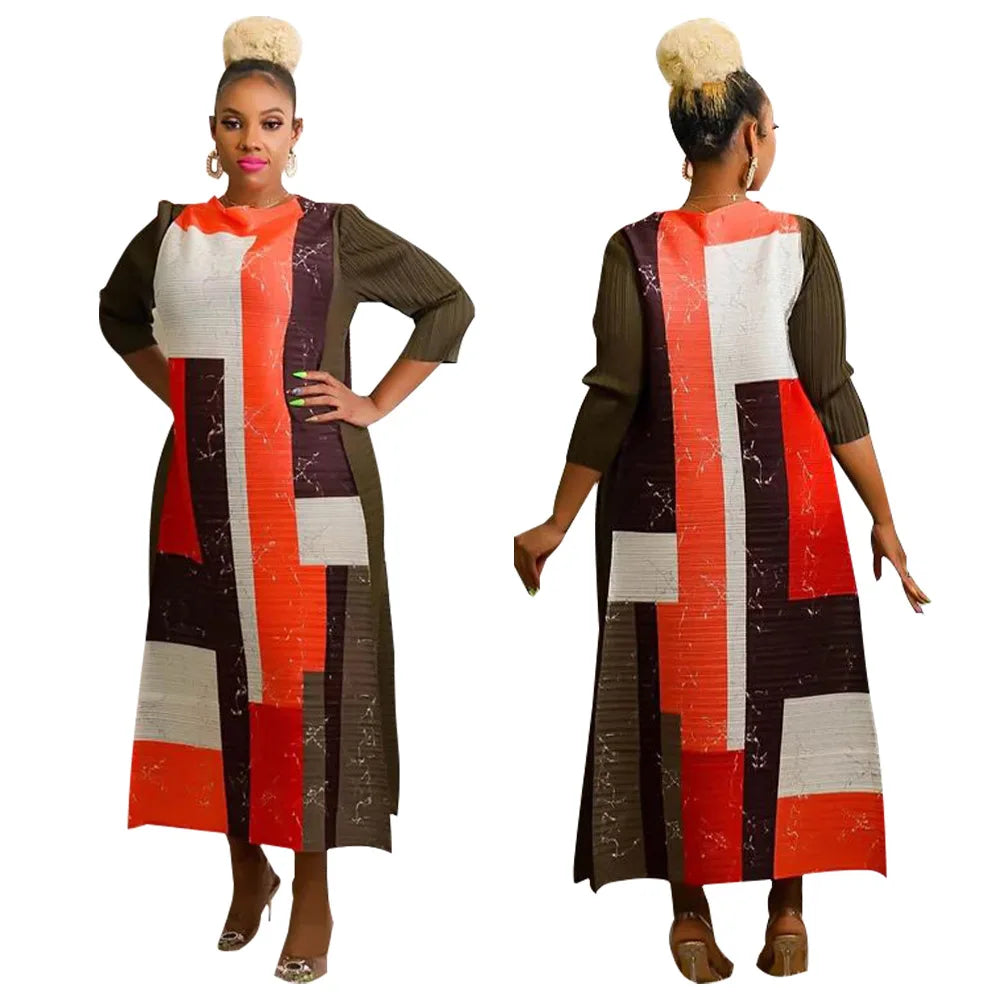 African Dresses for Women Summer Fashion Style African 3/4 Sleeve Polyester O-neck Pleated Dress Dashiki African Clothes Women