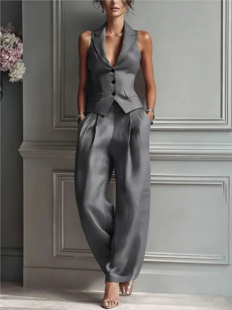 Summer New Fashion Single-breasted Sleeveless Top + Trousers 2-piece Set Women's 2026 Slim Vest Suit Collar Trousers Office Suit