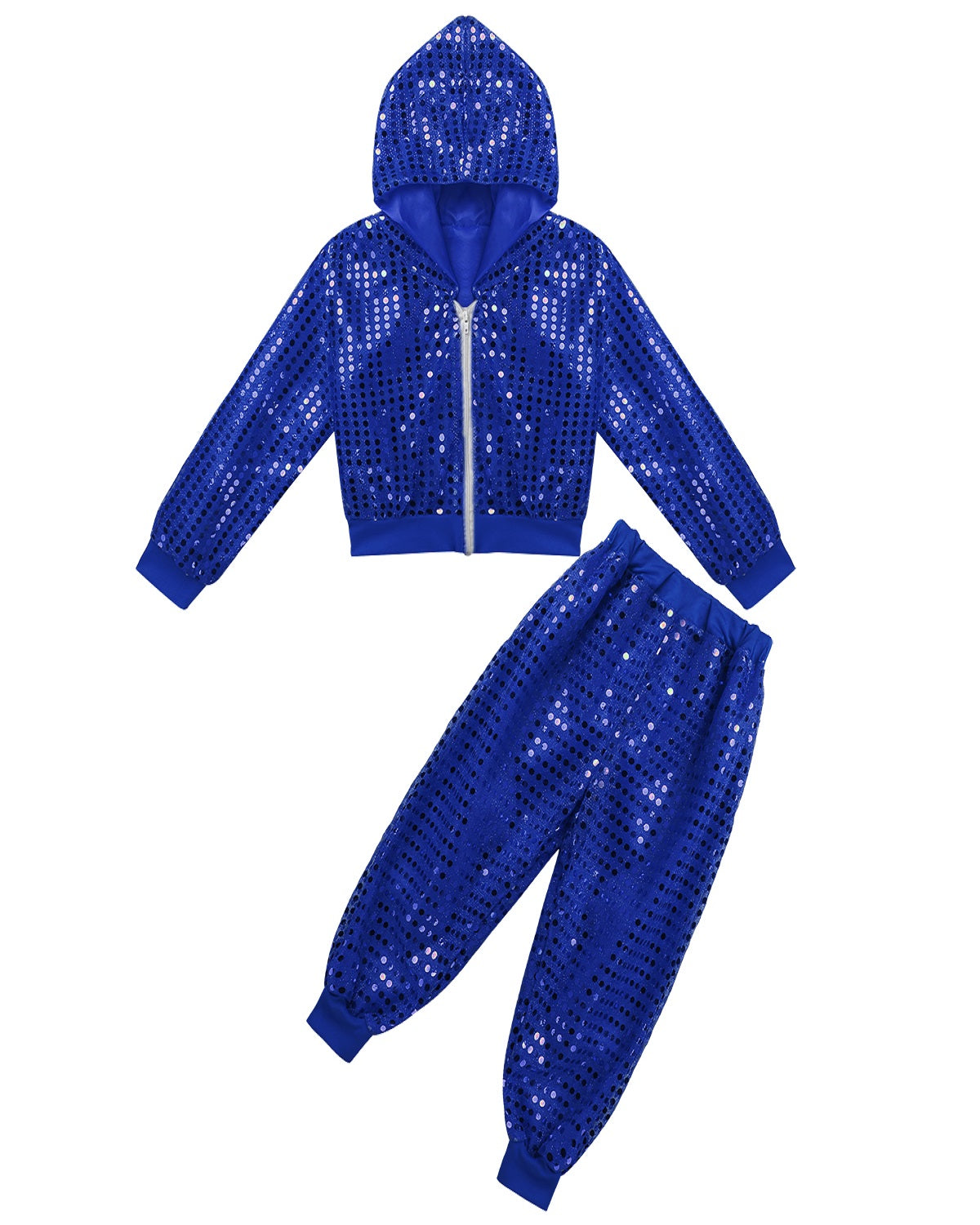 Kids Boys Girls Jazz Hip-hop Street Dance Costume Shiny Sequins Hooded Coat Tops with Pants Disco Party Performance Dancewear