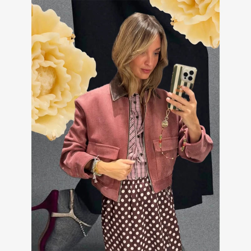 Women Pu Leather Collar Pink Cropped Jacket Corduroy Fashion Long Sleeve Zipper Coat 2026 New Lady Spring Chic Street Outwear