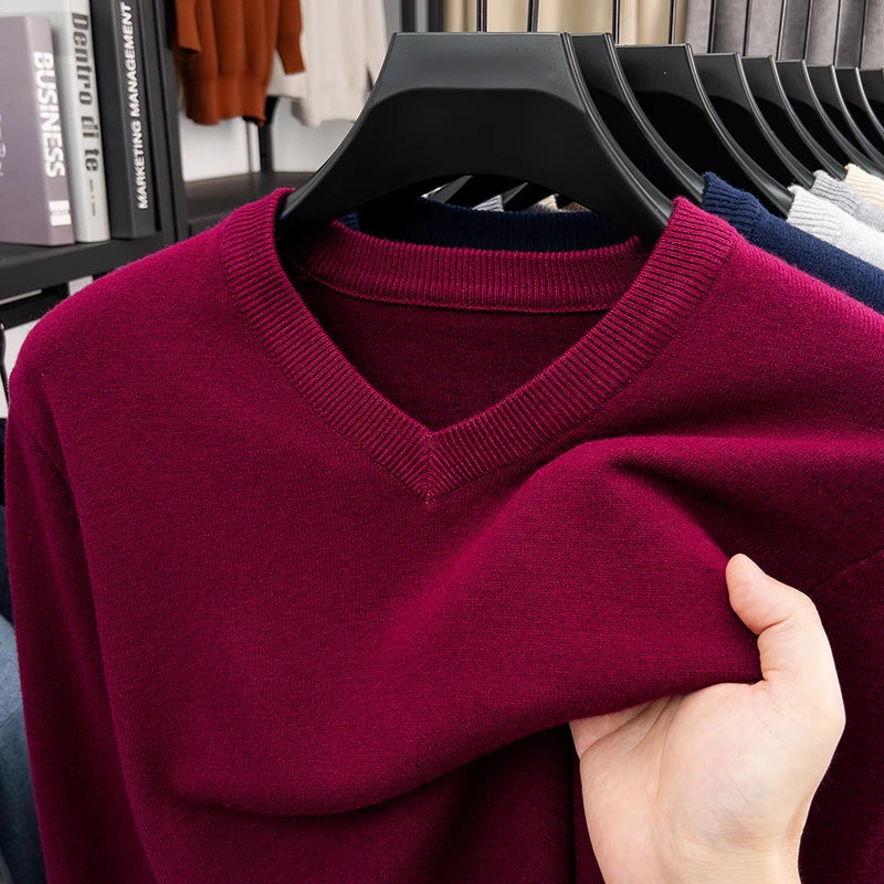 2026 Men's V-Neck Basic Solid Color Sweatshirt Warm Autumn Knitted Oversize Pullover Elastic round Neck Sweater for Casual Wear BAZAARHUBO