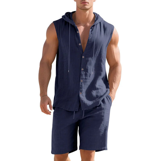 Summer Loose-Fit Linen Casual Minimalist Hooded Sleeveless Shirt and Shorts Two-Piece Set, Men's Hoodie Suit.