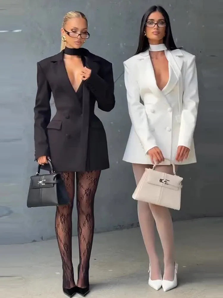 Chic Waist Cinching Women Mini Dress Fashion Full Sleeve Deep V-neck Double Breasted Short Dresses Lady Daily Party Street Gown