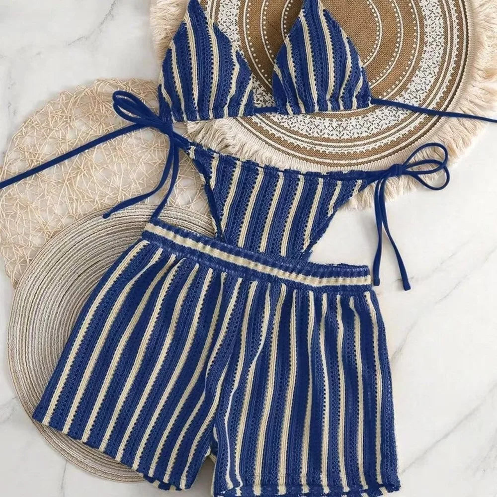 Casual Stripes 3 in 1 Swimwear Set Sleeveless Slim Fit Bikini Bathing Suit Lace Up Deep-V Knitting Swimsuit Beach