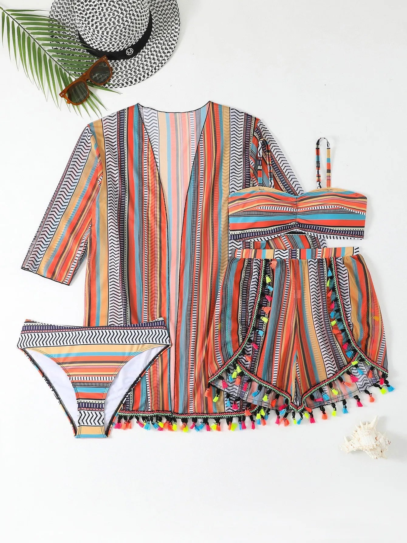 4 Pieces Bikini Set with Halter Neck Straps Sexy Fringe Detail Swimwear Beach Party Set Beachwear Bathing Suits Summer Clothing