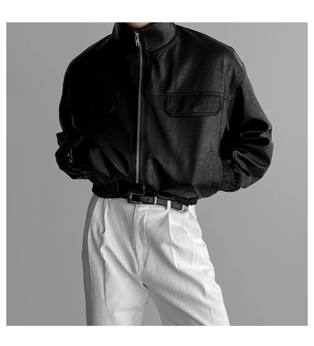 Mauroicardi Spring Autumn Cool Short Waterproof Thickened Warm Black Pu Leather Bomber Jacket Men Zip Up Luxury Designer Clothes