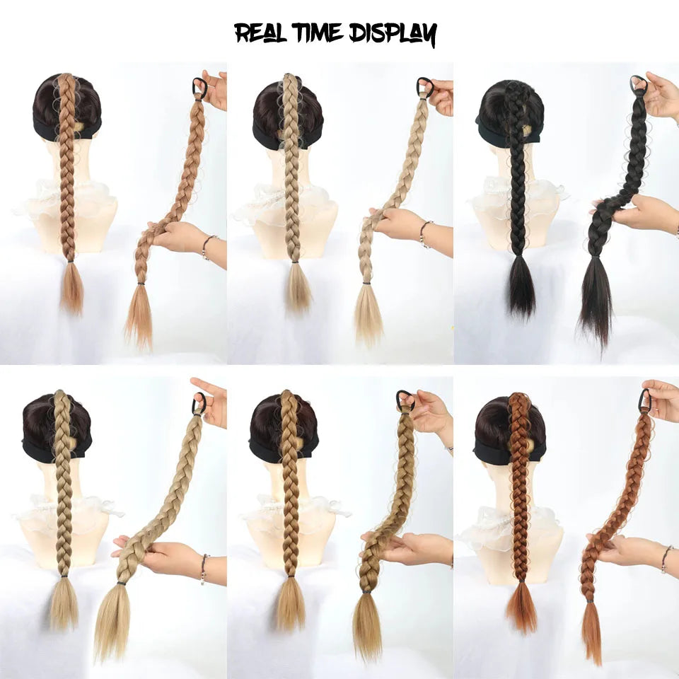 Synthetic Braided Ponytail Hair Extension With Rubber Band Boxing Braids For Women Hair Accessories 24Inch Long Black Braids