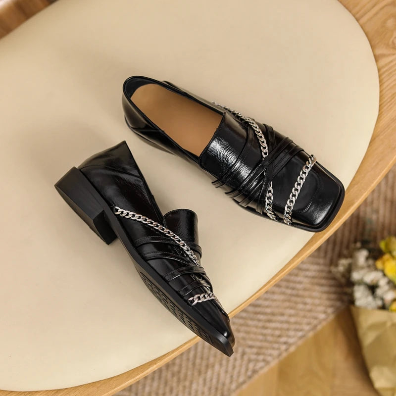 Dilalula 2025 Luxury Genuine Leather Loafers Womens Autum Spring Low Thick Heels Chain Pumps Female Leisure Natural Leather