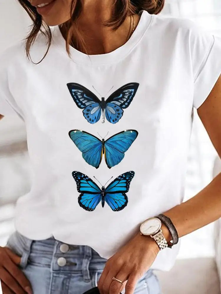 Women's Short-sleeved Explosive Insect Butterfly Dragonfly Print Round Neck T-shirt Women Clothes  Oversized T Shirt  Harajuku