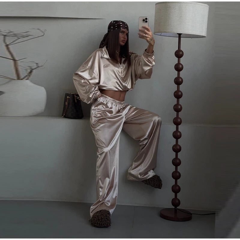 2026 Spring Satin Embroidered Zip-Up Jacket Wide Leg Pants Set Oversized Slouchy Women 2 Pcs Outfit Cool Lady Co-ord Streetwear