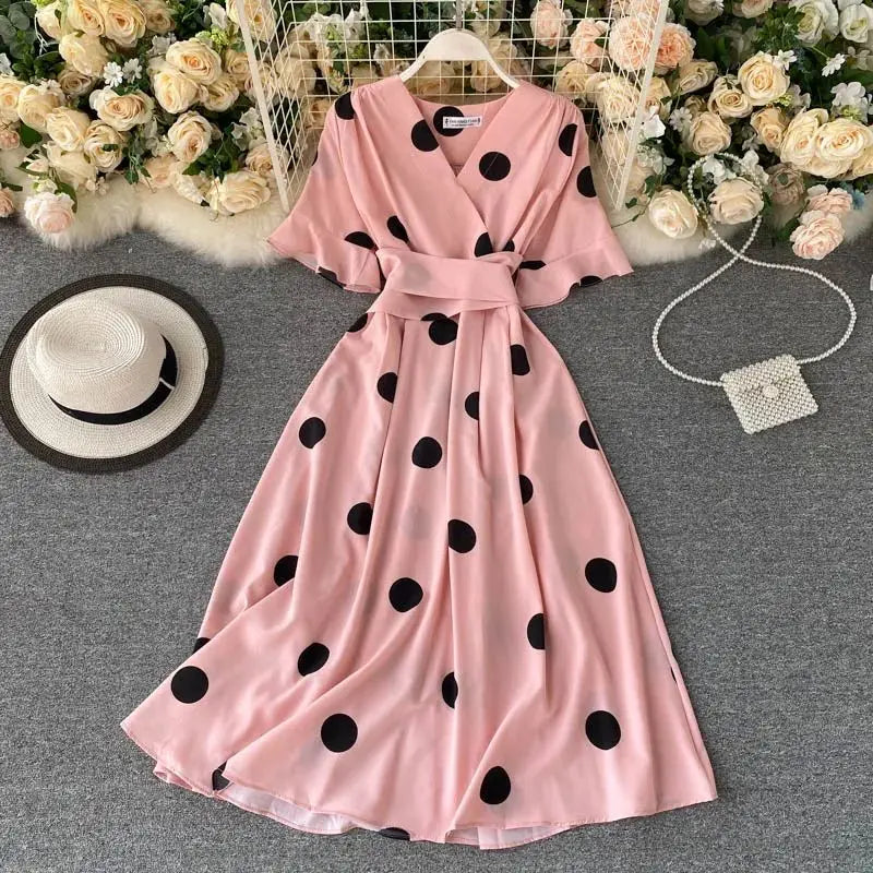 YuooMuoo Chic Polka Dot Print Women Dress Summer Vintage Swing Midi Party Dress