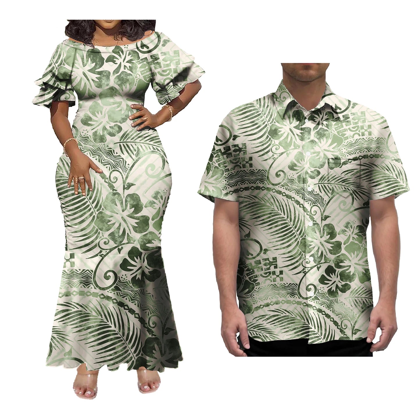 Mermaid Dress And Buttons Shirt Polynesian Couple 2 Pcs Set Plus Size Party Samoan Puletasi Matching Couple Outfits