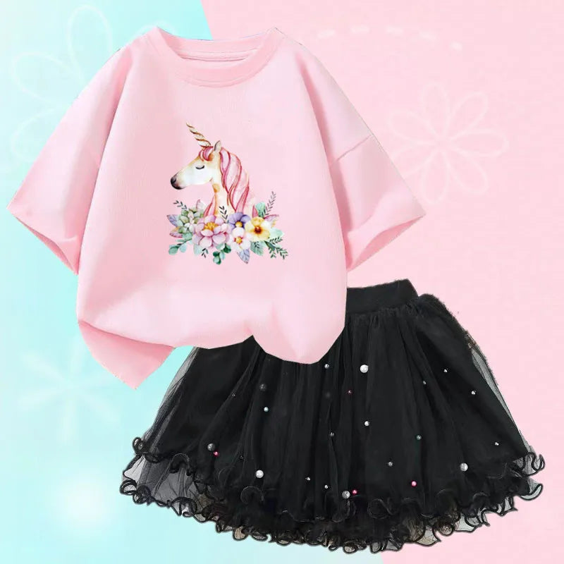 Dresses For Girl Summer Fashion Wear Outfit Kids T-Shirt Suit Unicorn Party Baby Costumes For Children Tulle Tutu Skirt Clothing