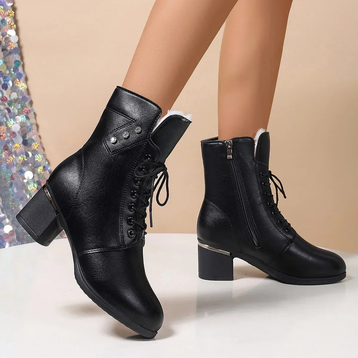 Winter 2024 Women's High Heels Long Plush Warm Ankle Boots Plus Size 42 Thick Square Heeled Motorcycle Boots Woman Shoes Short
