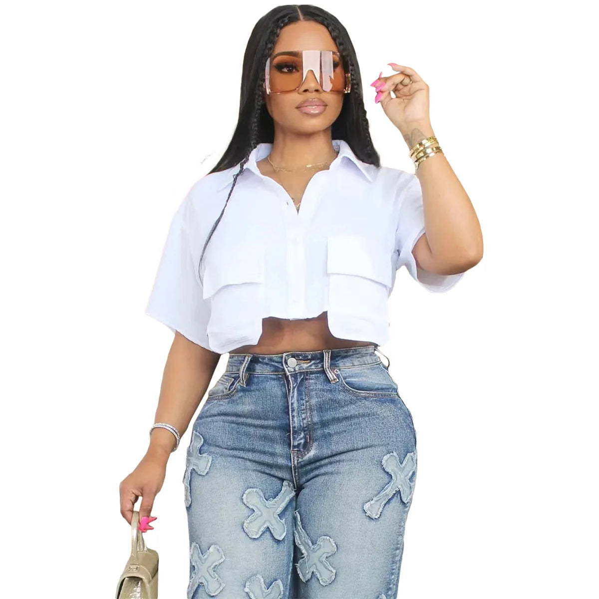 CM.YAYA Summer Street Women Shirts Fashion Single Breasted Pocket Front Irregular Short Sleeve Mini Blouse Holiday Shirt Tops