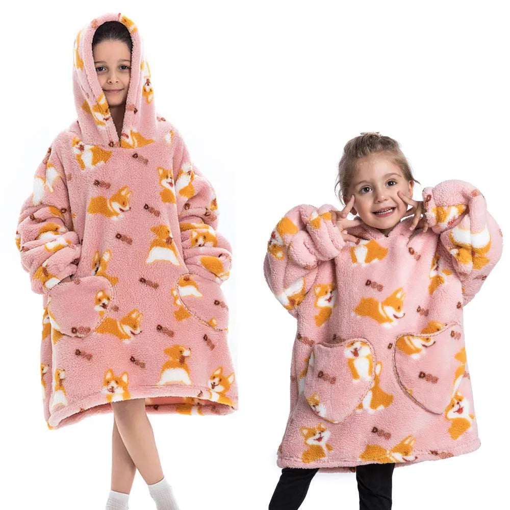 Girls Winter Clothes Flannel Thick Hoodies Super Warm Children's Sweaters Kids Hooded Loose Clothing Homewear Wearable Blankets