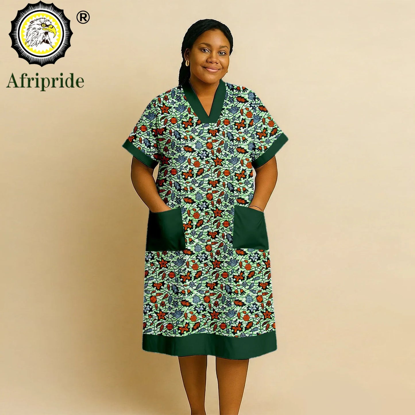 African Dresses for Women Short Sleeve V-Neck High Waist Pocket Elegant Fashion Ankara Attire Floral Printed Dresses 2625032