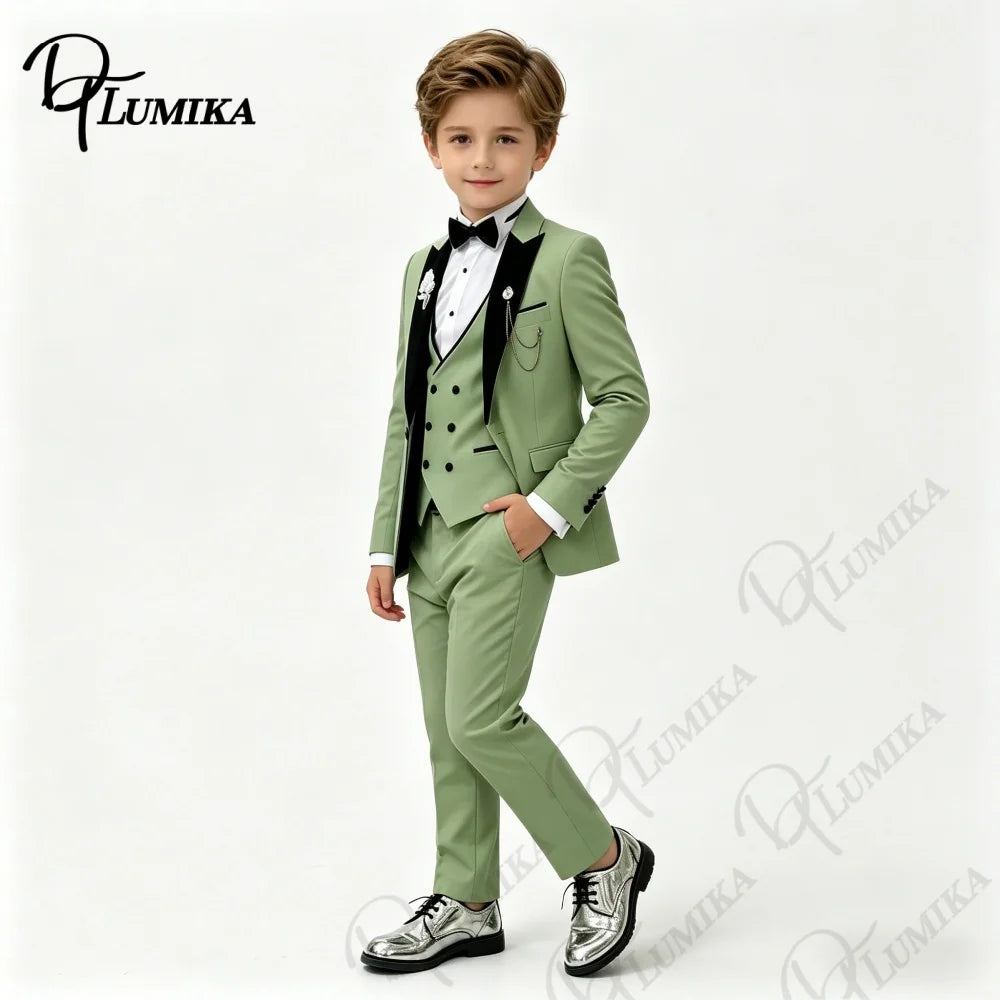 Boys Wedding Suit Jacket Vest Pants with Bowtie Tie Peak Lapel Kids Formal Tuxedo for Party Stage Prom Graduation Dress Outfit
