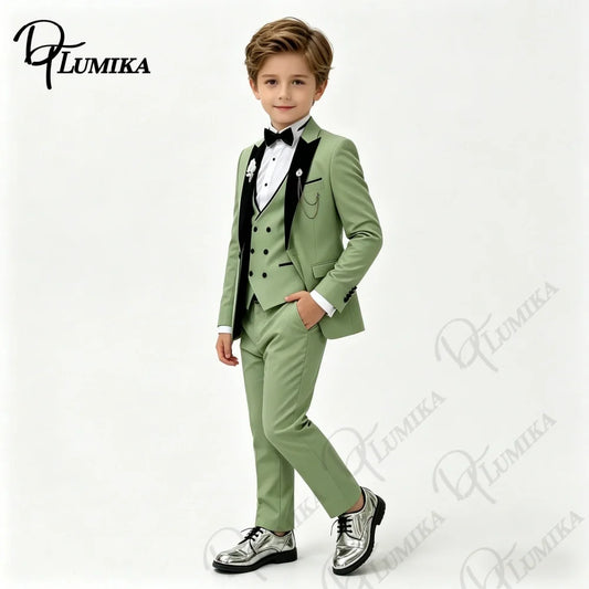 Boys Wedding Suit Jacket Vest Pants with Bowtie Tie Peak Lapel Kids Formal Tuxedo for Party Stage Prom Graduation Dress Outfit