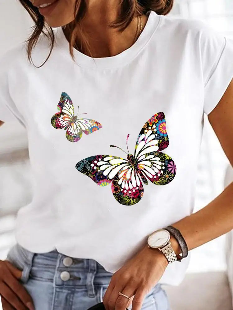 Women's Short-sleeved Explosive Insect Butterfly Dragonfly Print Round Neck T-shirt Women Clothes  Oversized T Shirt  Harajuku