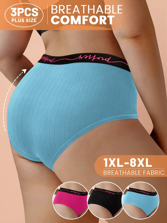 3pcs MIOTAN Plus Size Women's Mid-Rise Panties, Soft Breathable Polyester Blend with Elastane, Elegant Vertical Stripe and Lette