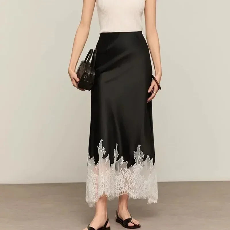 Elegant Lace-Trim Satin Midi Skirt Women Summer High Wasit Wrapped Hip Slim Long Skirts Fairy Fashion Office Women Clothing New