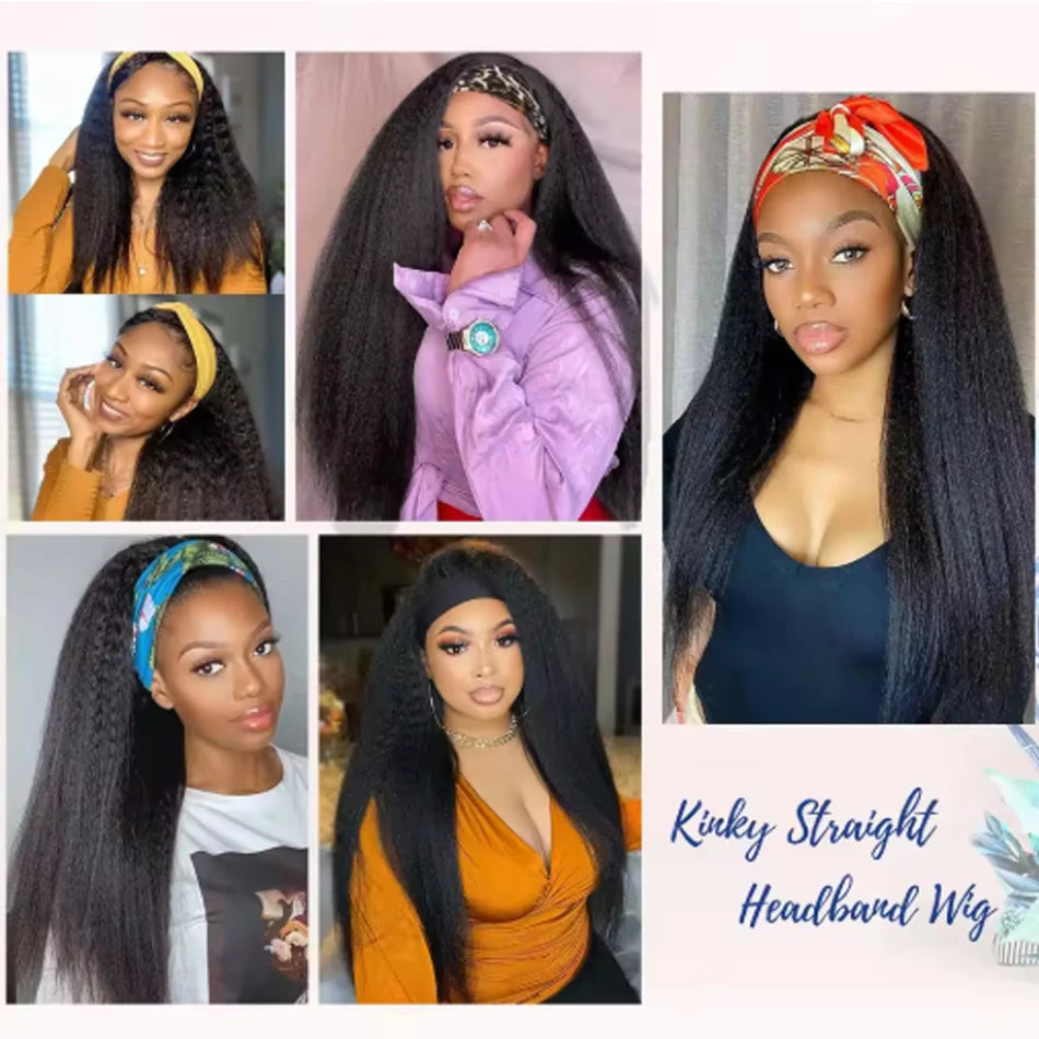 Kinky Straight Headband Wig Remy Human Hair Wig Ready To Wear Peruvian Yaki Straight Headband Isee Human Hair Wig for Women