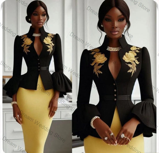 Black Yellow Women Suit Skirt Set 2 Pcs Blazer+Prom Dress Spring Appliqued Formal Office Lady Jacket Customized Wedding Coat