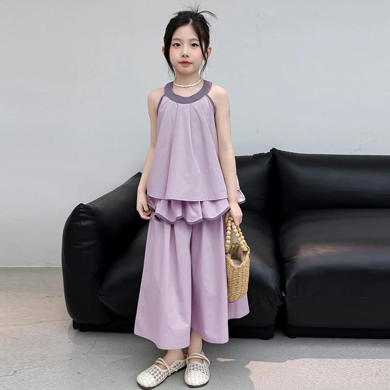 Girls Summer Casual Loose Skirt Pants Set Two Piece Outfit Big Kids Fashion Children's Clothing Set Comfortable
