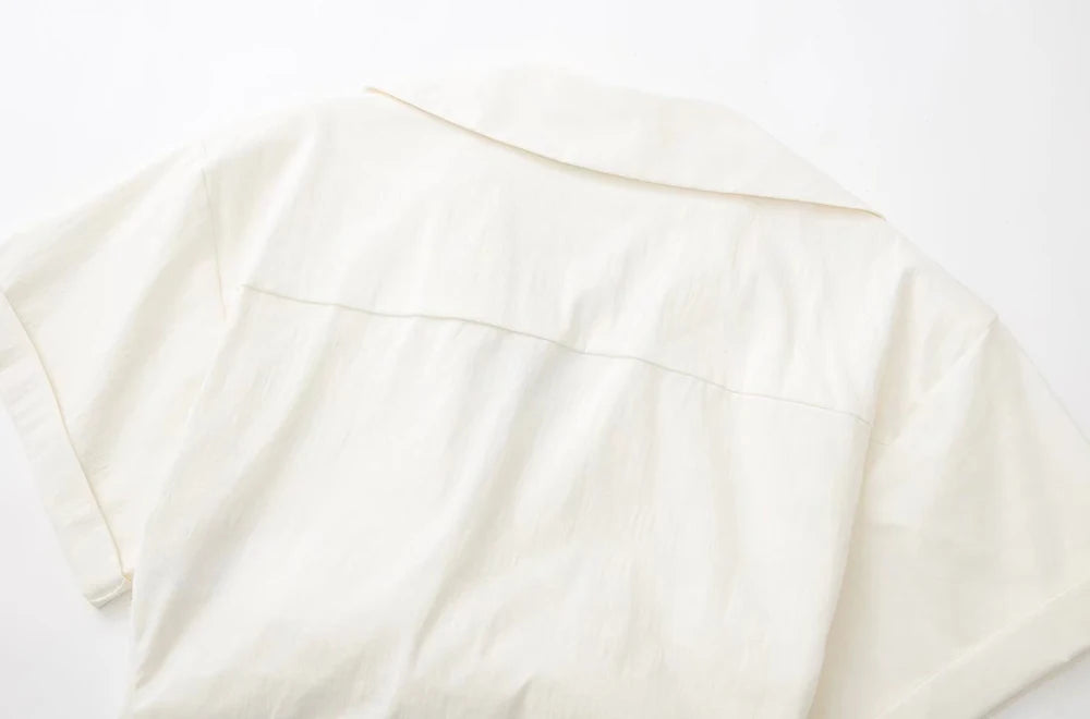 Women Fashion Front Knot Elastic Linen Cropped Shirts Vintage Short Sleeve Patch Pockets Female Blouses Blusa Chic Tops