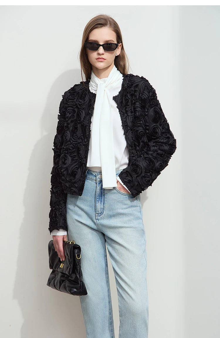 AMII Minimalism Short Jacket Women 2025 Autumn Elegant Floral O Neck Coat