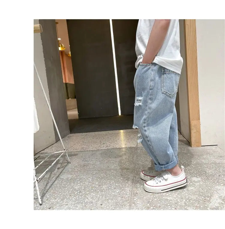 Kids Boys Pants Summer Ripped Jeans New Fashion Children's Baby Loose Casual Jeans Pants Boy and Girl Trousers