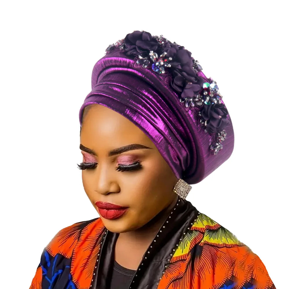 African Women's Turban Cap Diamond Flower Nigeria Auto Gele Headtie Already Made Wedding Geles Female Head Wraps Hat Party Mujer