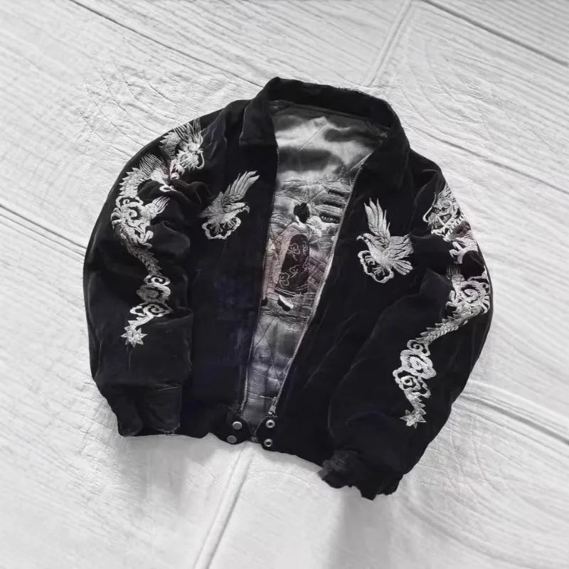 Hip Hop Japan Harajuku Style Jacket Gothic Dragon Pattern Bomber Jackets High Quality Embroidered Y2k Zipper Fleece Lined Coat