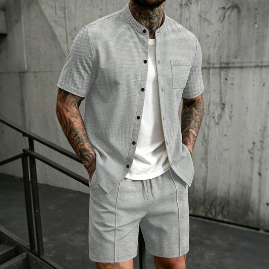 Men's 2 Piece Outfit, Stand Collar Short Sleeve Shirt with Chest Pocket and Drawstring Shorts, Casual Co Ord Set