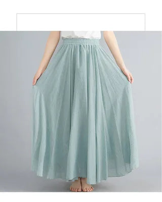 New 2020 Women Linen Cotton Long Elastic Waist Pleated Maxi Skirt Beach Vintage