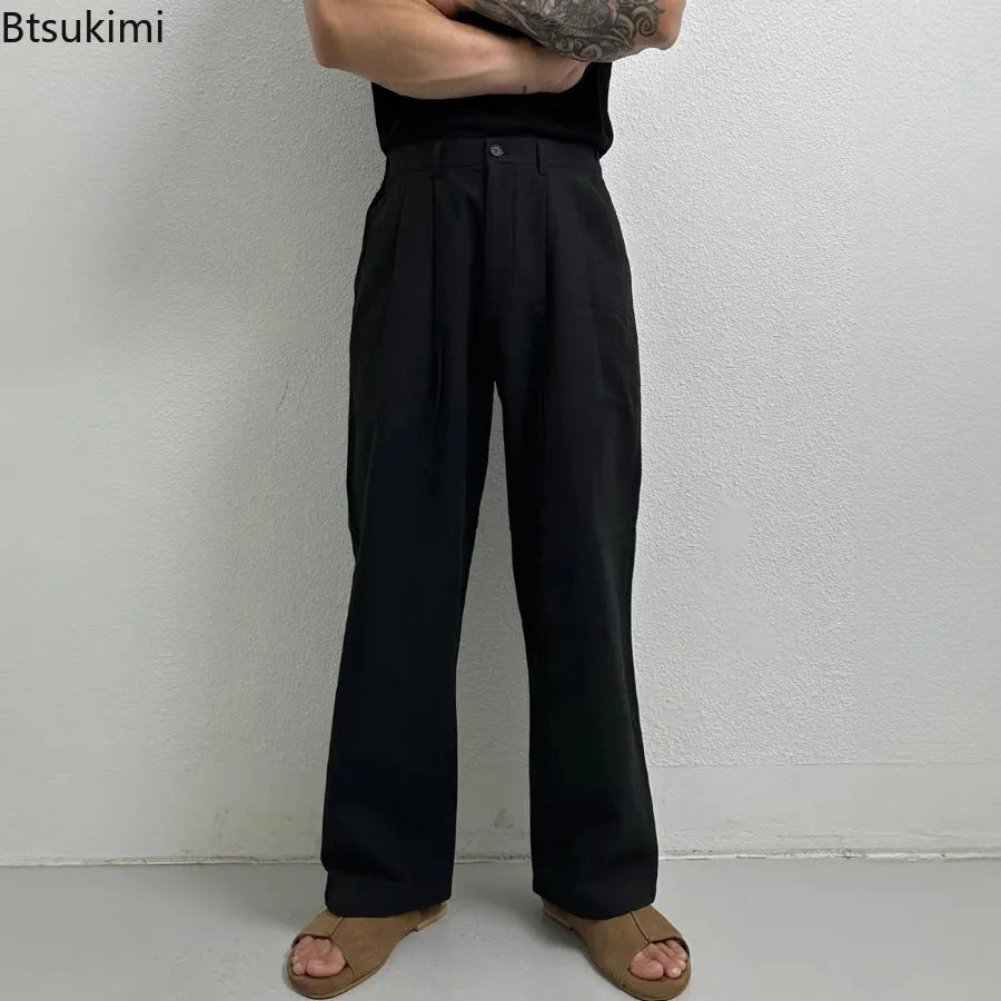 New Men's Cotton Linen Workwear Trousers Draped Wide Leg Pants Light Luxury Leisure Solid Straight Trousers Premium Sweatpants