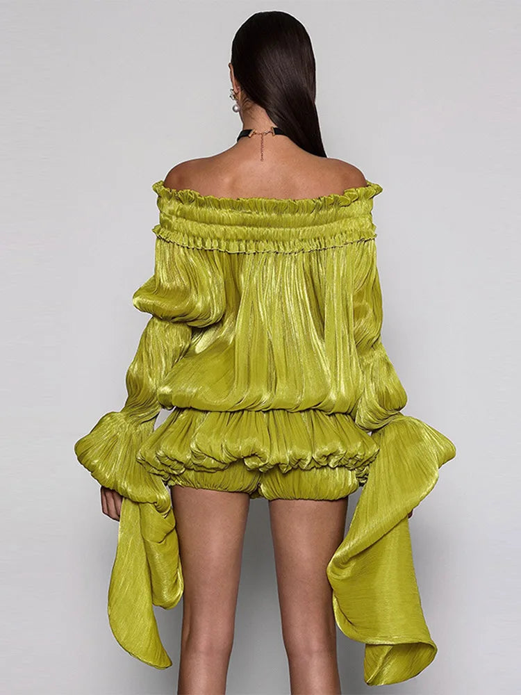 Women's Y2k Off Shoulder Pleated Mini Dress Elegant Lime Green Flare Long Sleeve Ruffle Hem Bubble Vestidos Date Party Dresses