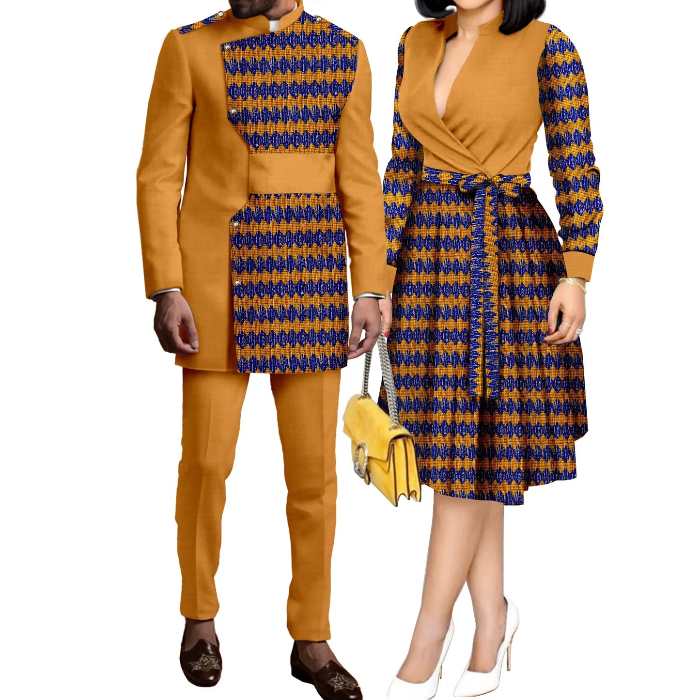 SEA&ALP African Kente Prints Couple Clothes for Wedding Dashiki African Men Long Sleeved Pants Set Matching Women Dresses