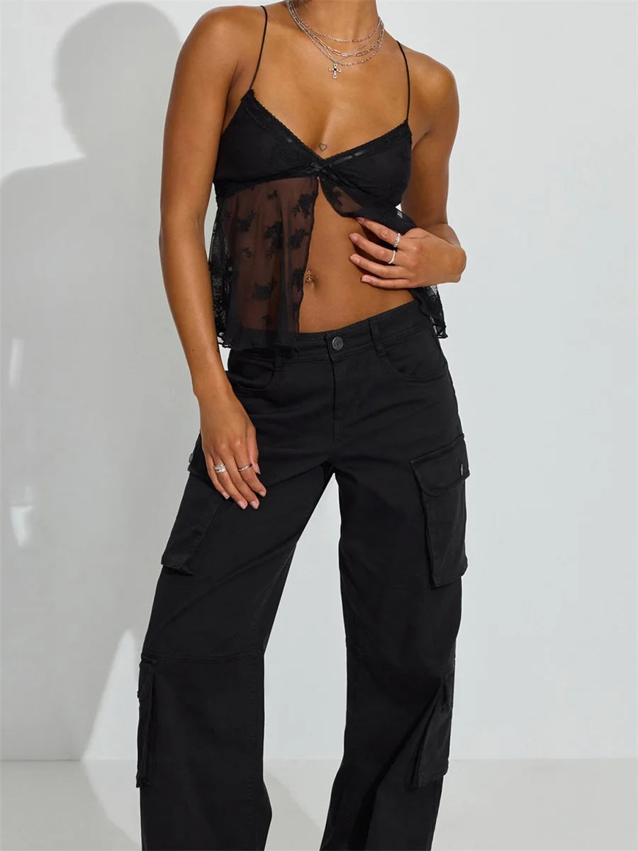 Y2K Crop Tank Top Women Sleeveless Camisole Spaghetti Strap Mesh Floral Backless