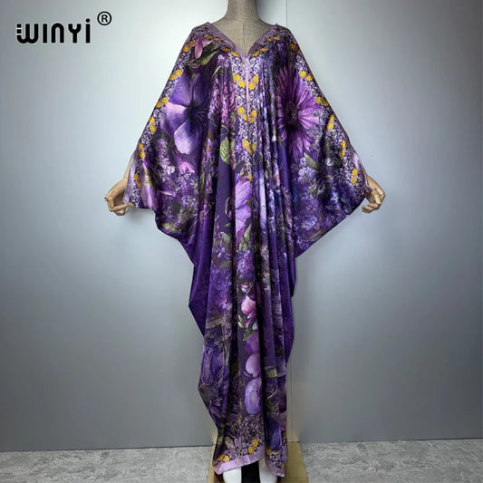 WINYI Luxury Maxi Dress for Women Floral Print Kaftan Abaya Bohemian Summer Party Dress High Quality Muslim Fashion Dubai Style