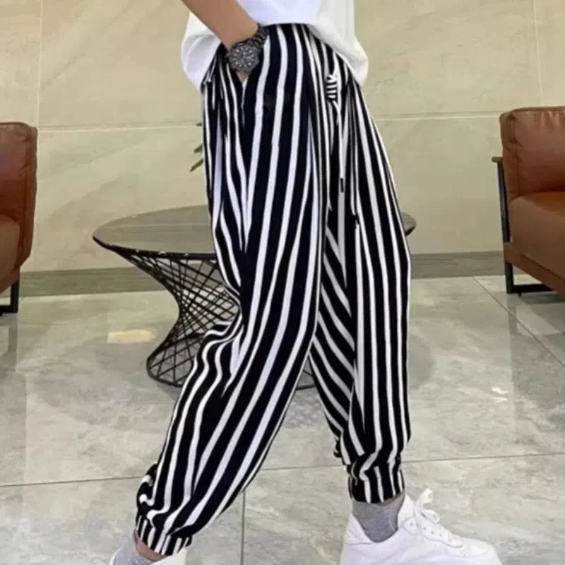 New summer casual and fashionable printed black and white striped sports handsome tie-length pants trendy men's harem pants