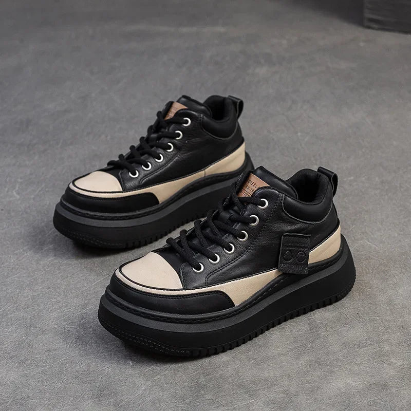 Myjyjz 4.5cm Cow Genuine Leather Women Spring Platform Wedge Flats Chunky Sneakers Lace Up Autumn Loafer Vulcanize Shoes Rubber