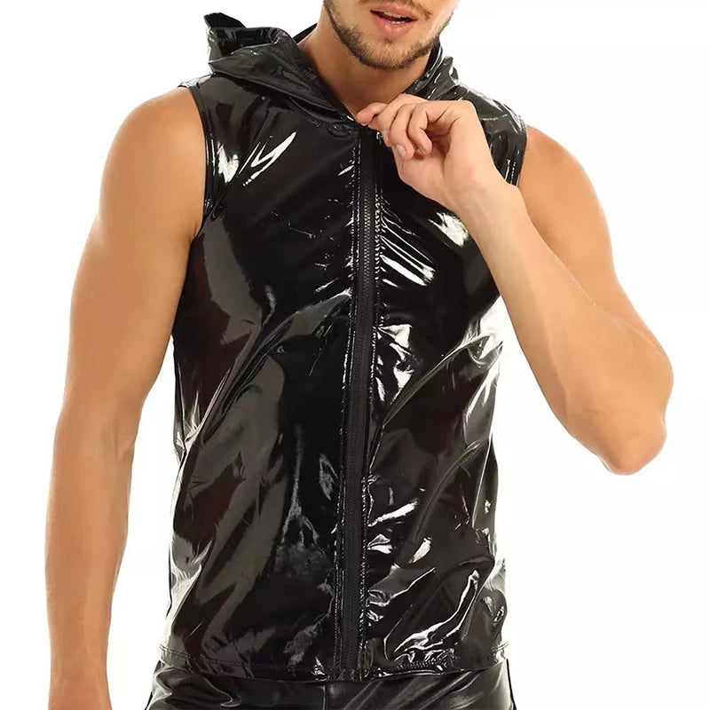 Men PVC Hoodies Tank Tops PU Leather Zipper Sleeveless Latex Hooded Shirts Vest Sexy Party Clubwear Fitness T-shirts Streetwear
