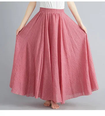 New 2020 Women Linen Cotton Long Elastic Waist Pleated Maxi Skirt Beach Vintage